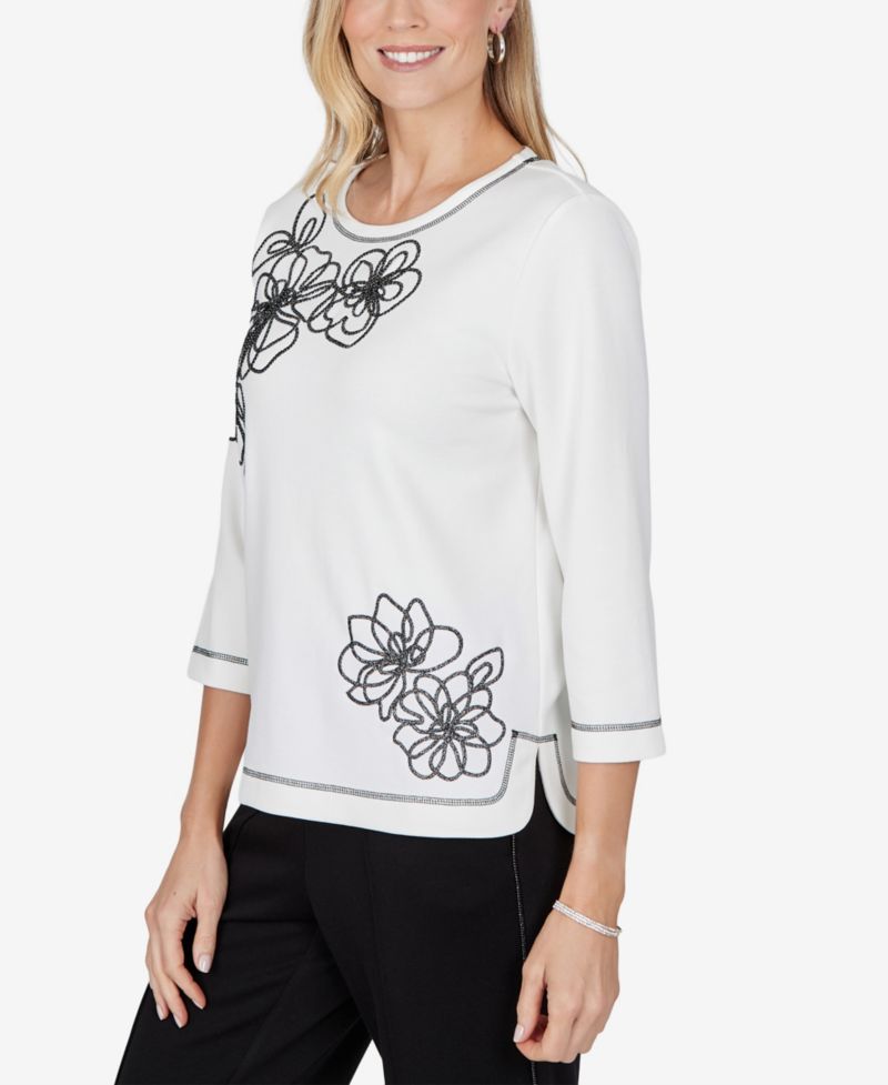 Petite Crewneck 3/4-Sleeve Floral Blouse