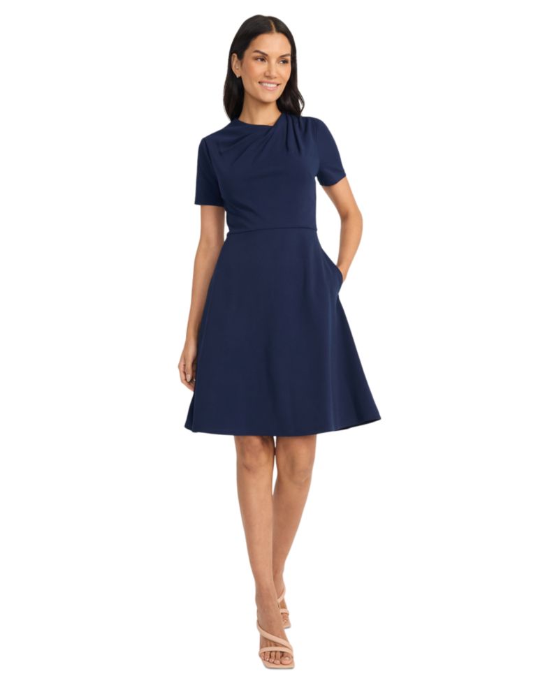 Women's Solid Asymmetric-Neck Flared Work Dress