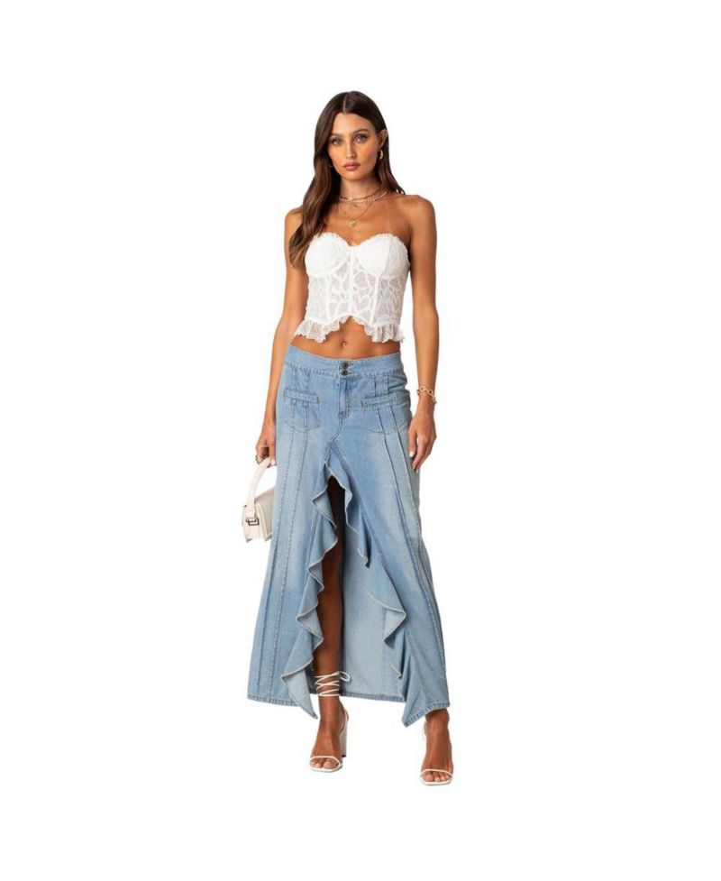 Women's Valencia Ruffle Slitted Denim Maxi Skirt