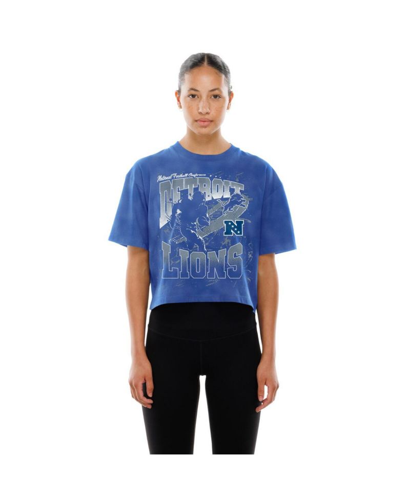 Women's Blue Detroit Lions Cropped Boxy Sport Classics Mineral Wash T-Shirt