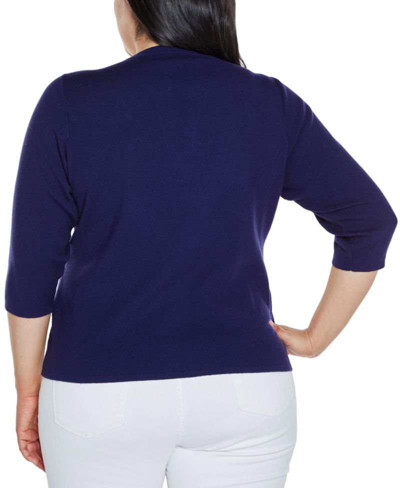 Plus Size Black Label Embroidered Split-Neck Sweater
