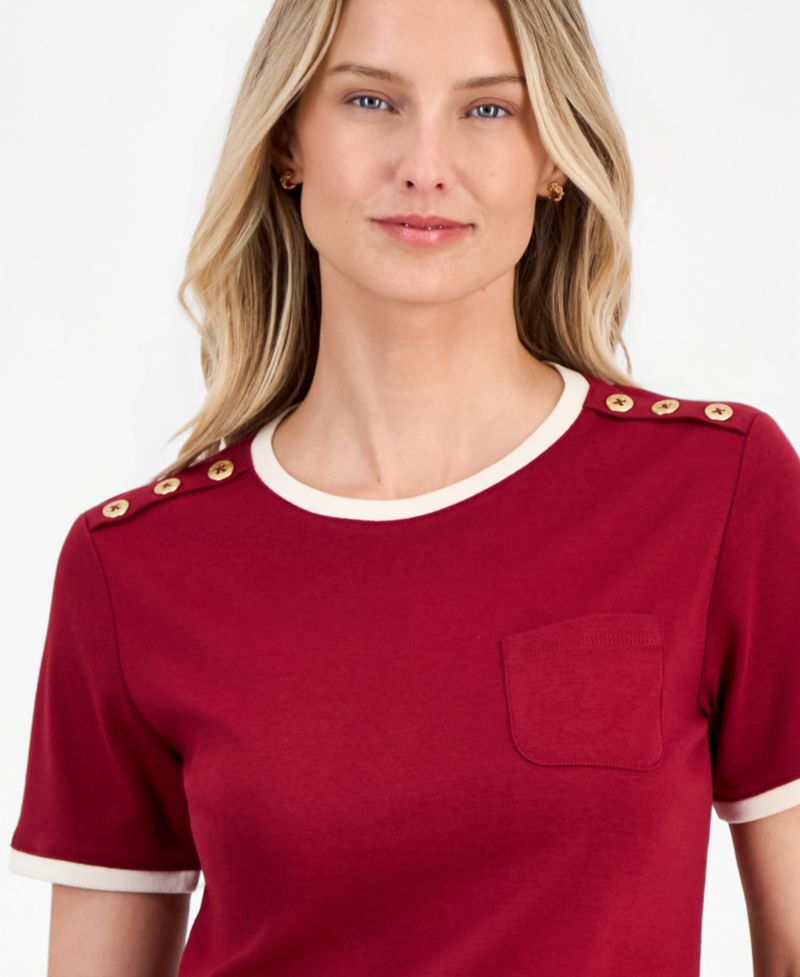Women's Cotton Button-Shoulder Ringer T-Shirt