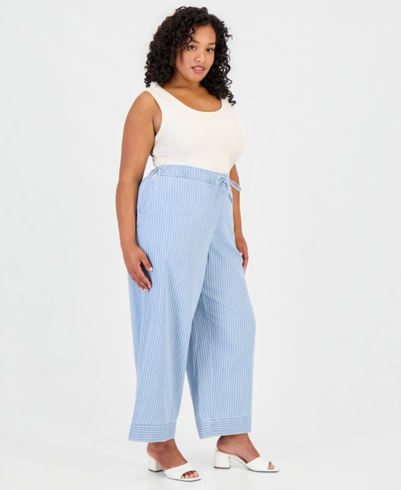 Plus Size Cotton Drawstring Pinstriped Pants