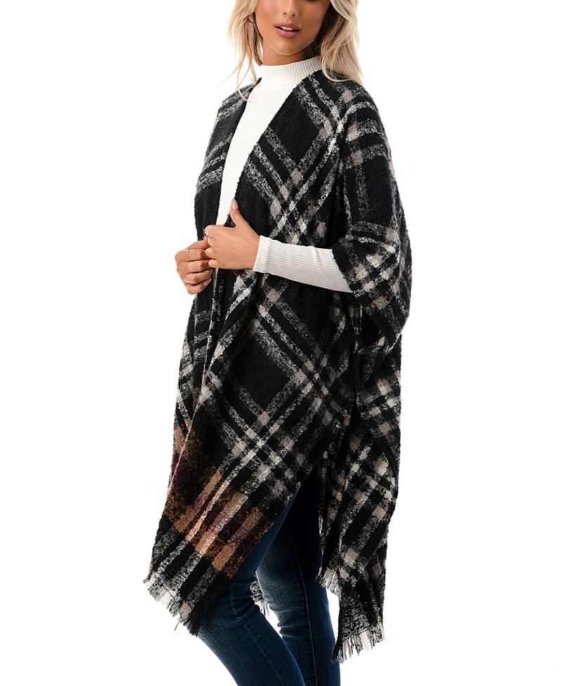 Women's Open-Front Plaid Fringe-Trim Kimono