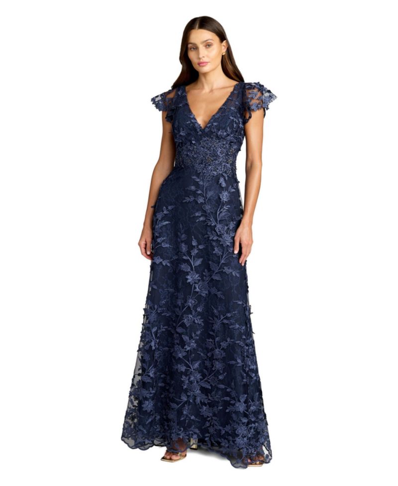Petite Embroidered Applique V-Neck Flutter-Sleeve Gown