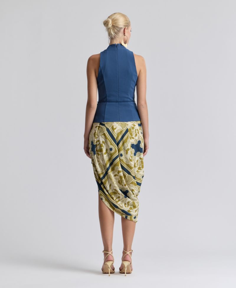 Women's Sleeveless Belted Mock-Neck Asymmetric Drape Midi Dress