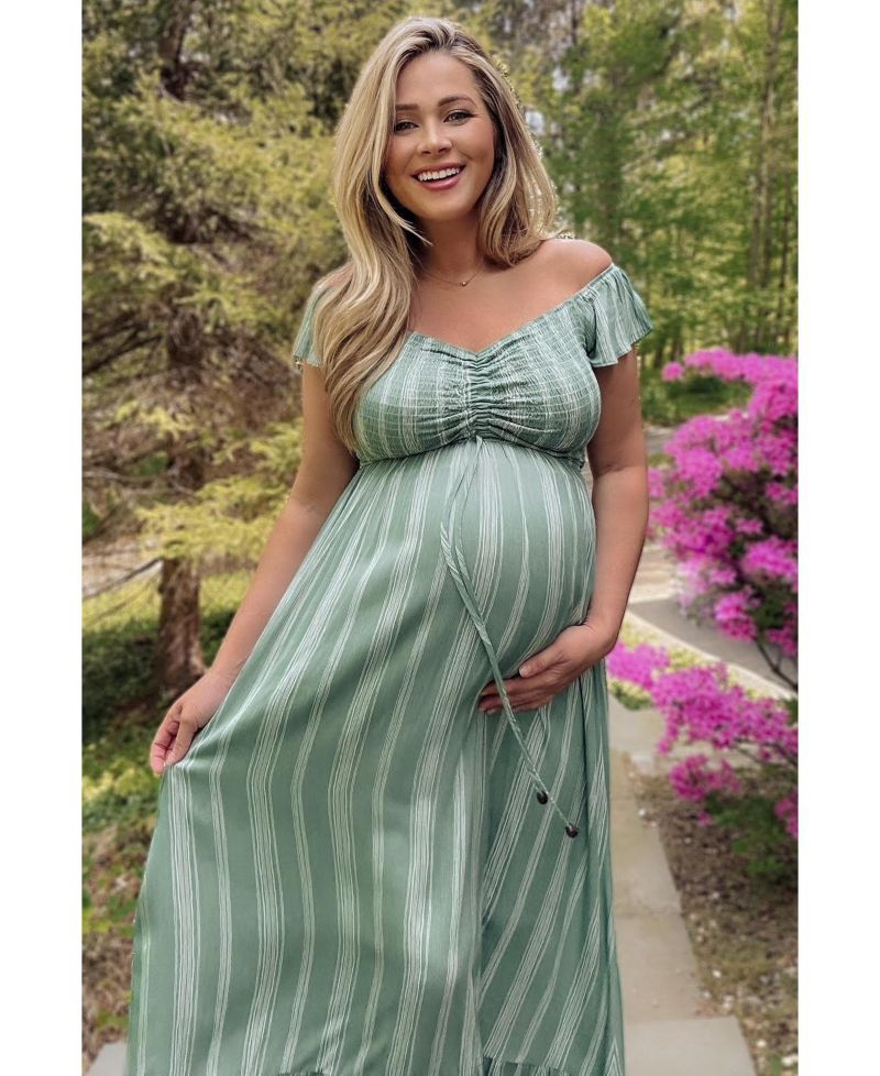 Women's Green Striped Off Shoulder Front Tie Maxi Dress