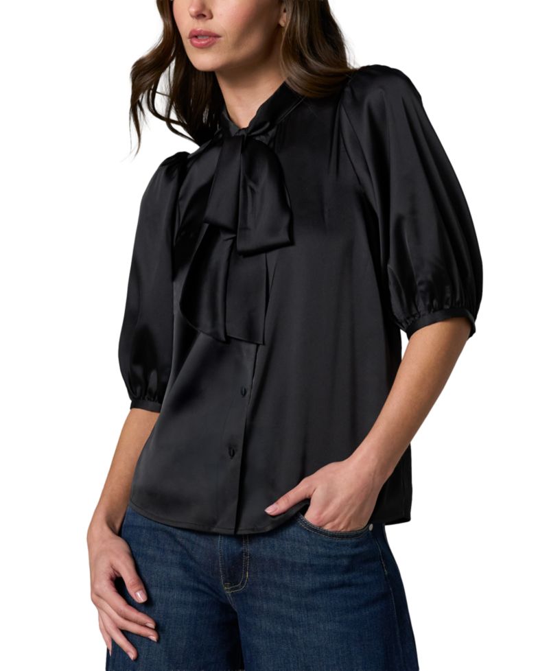 Petite Elbow-Length Puff-Sleeve Tie-Neck Satin Blouse