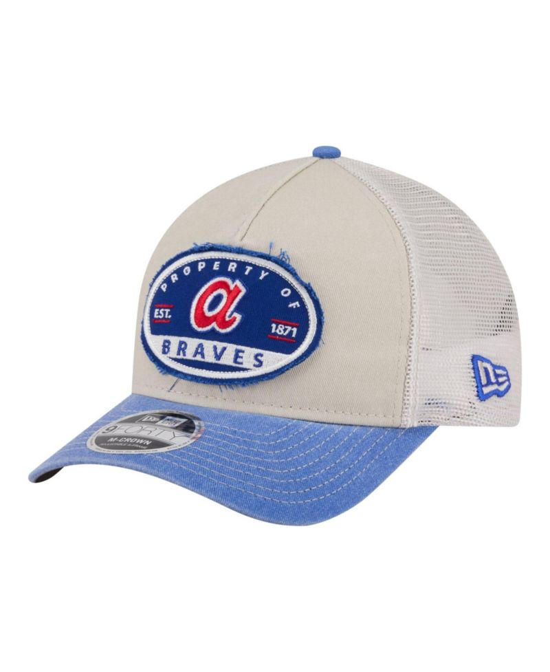 Men's Light Beige/Royal Atlanta Braves Frayed M-Crown A-Frame 9FORTY Trucker Adjustable Hat