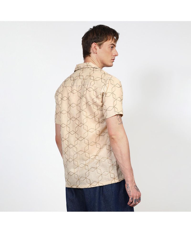 Men's Beige Embroidered Geometric-Lined Shirt