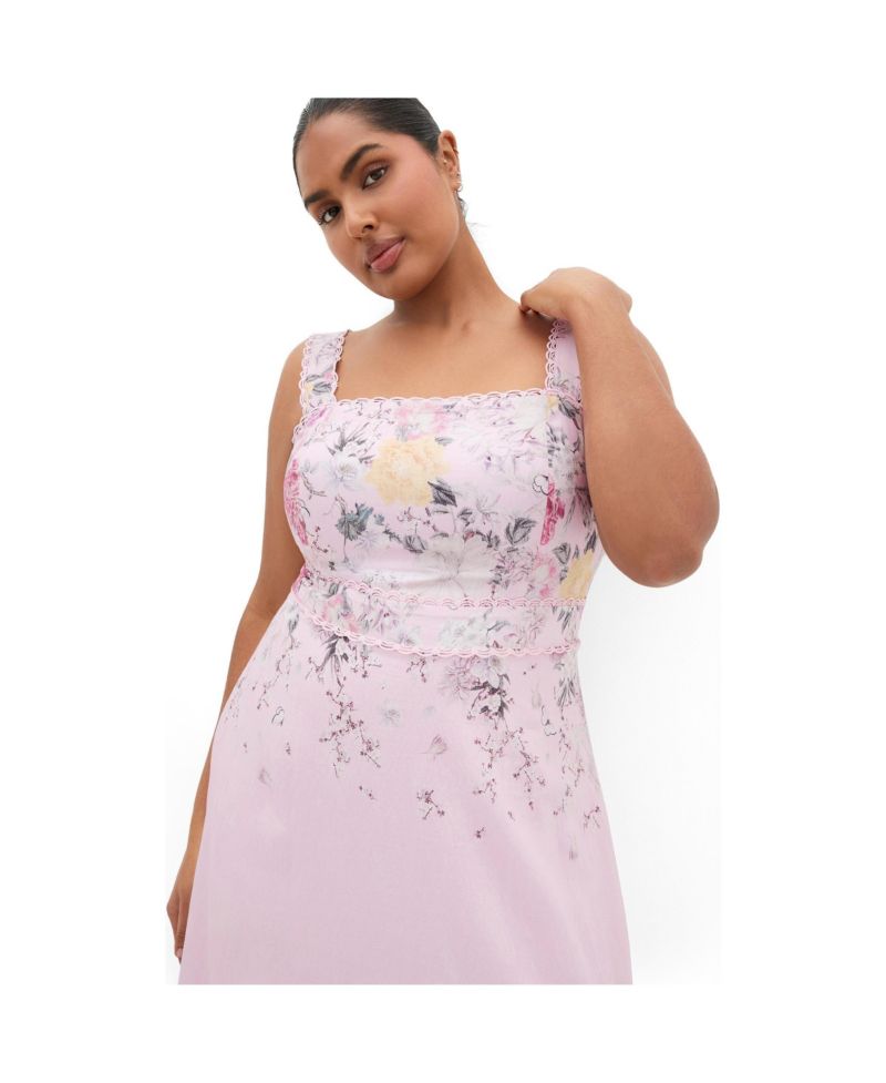 Plus Size Chelsea Floral-Print Scallop-Trim Square Neck Maxi Dress