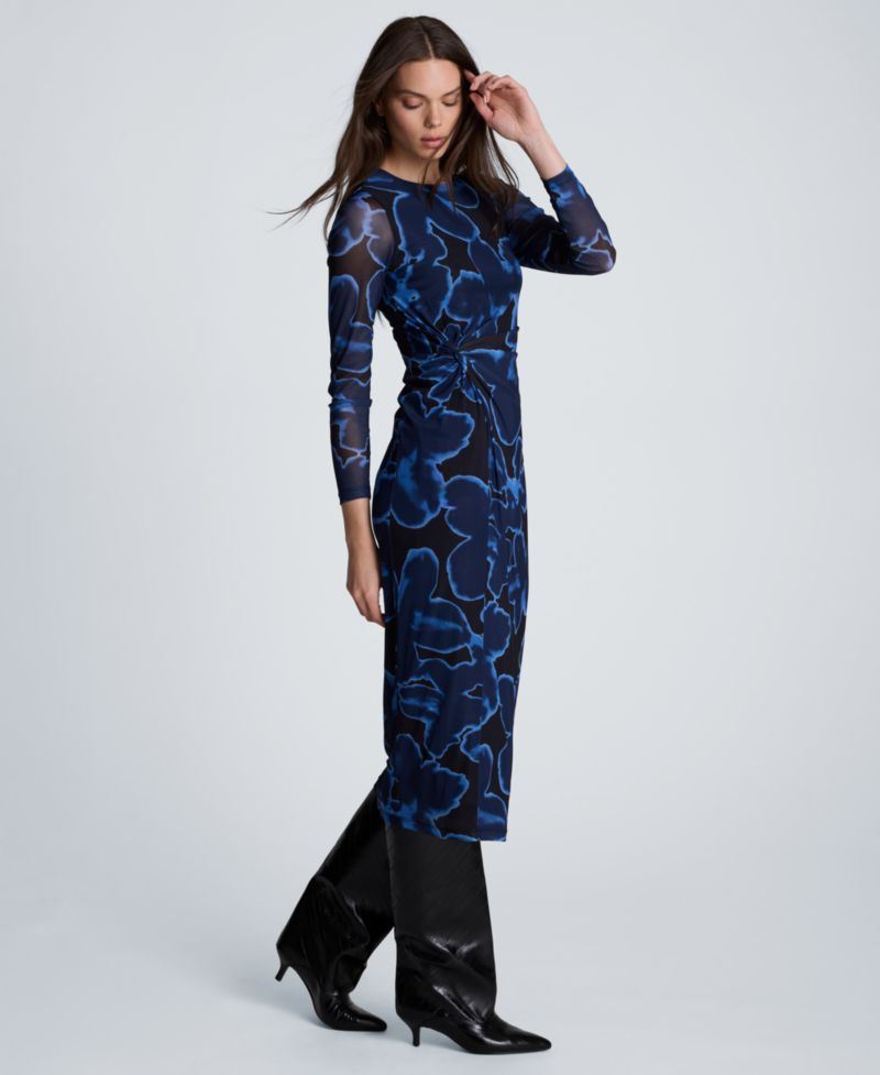 Women's Knot-Front Printed Mesh Midi Dress