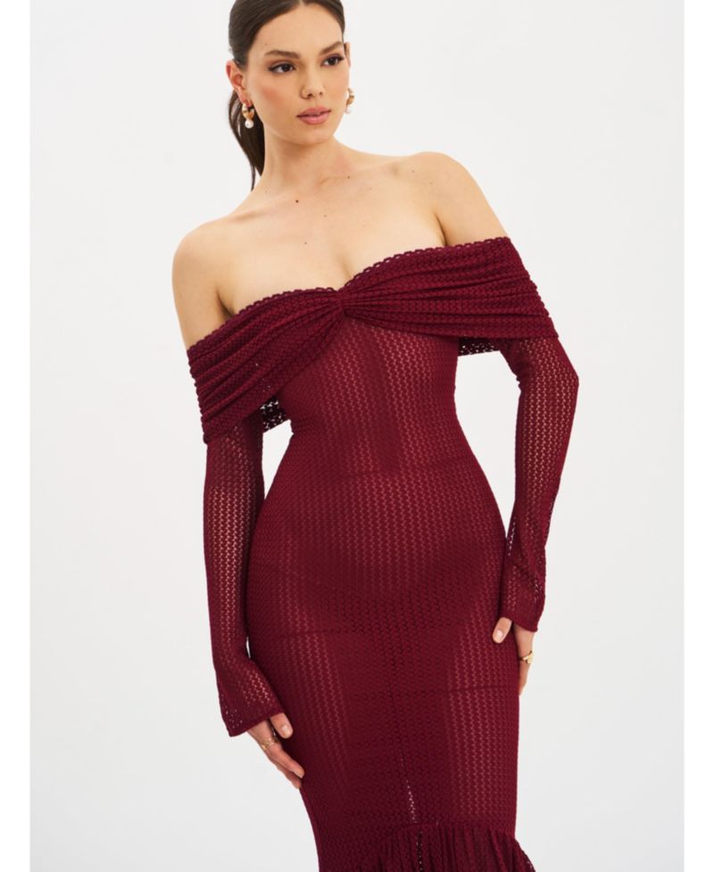 Women Kaedyn Burgundy Off Shoulder Long Sleeve Crochet Mermaid Maxi Dress