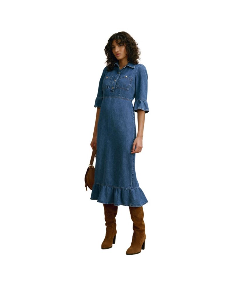 Women's Denim Ruffle-Hem Midi Shirt Dress