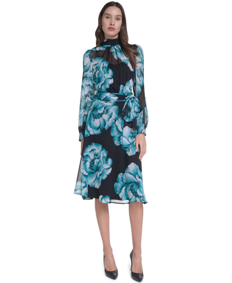 Petite Wedding Guest Floral-Print Long-Sleeve Chiffon Midi Dress