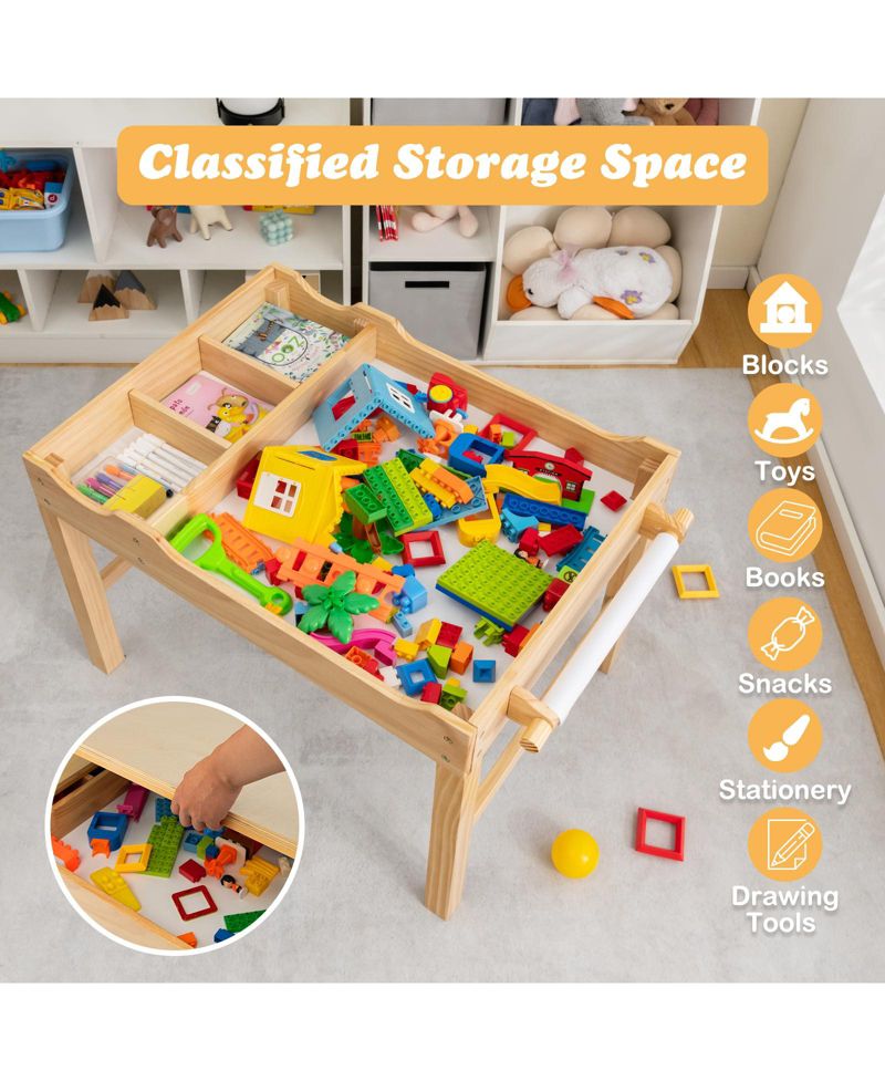 Wooden Building Block Activity Desk for Kids with Storage and Paper Roll