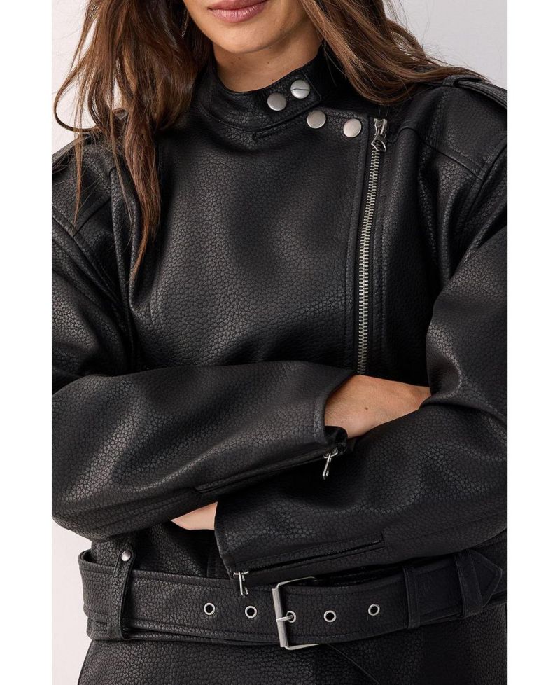 Women's Belted Faux Leather Biker Jacket