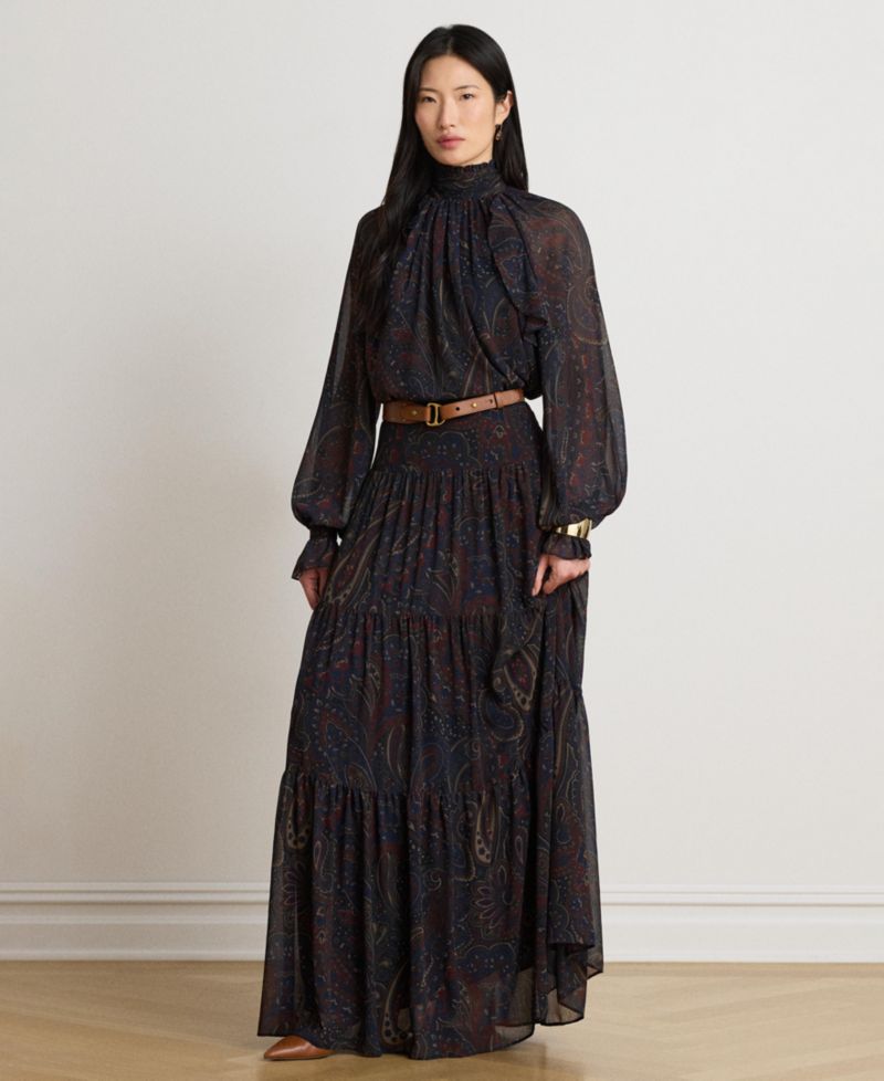 Women's Long-Sleeve Paisley-Print Mockneck Blouse