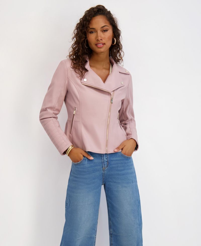Women's Faux Leather Moto Jacket With Peplum and Quilted Details