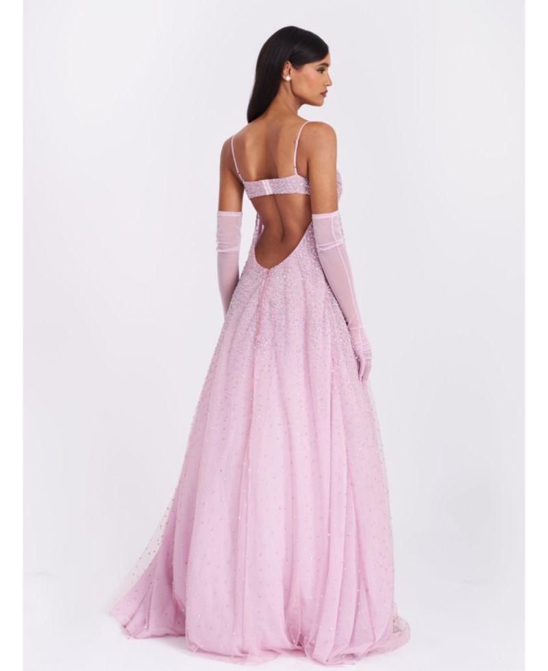 Women's Wallie Pink Rhinestone Embellished Mesh Backless Gown