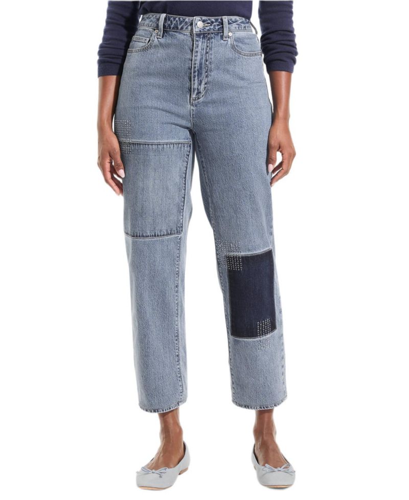 Petite Soft Denim Mid Rise Relaxed Straight Crop Patchwork Jeans
