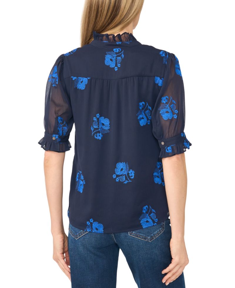 Women's Floral-Embroidery V-Neck Elbow-Length Sleeve Button-Down Blouse