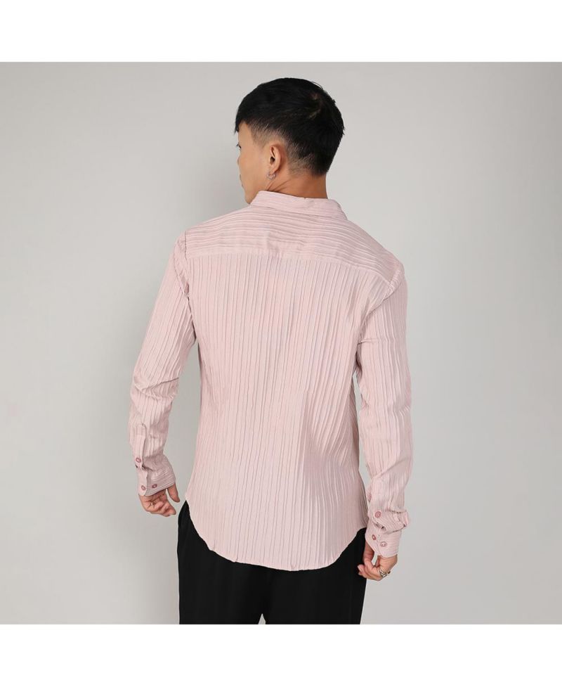 Men's Blush Pink Self-Design Striped Shirt