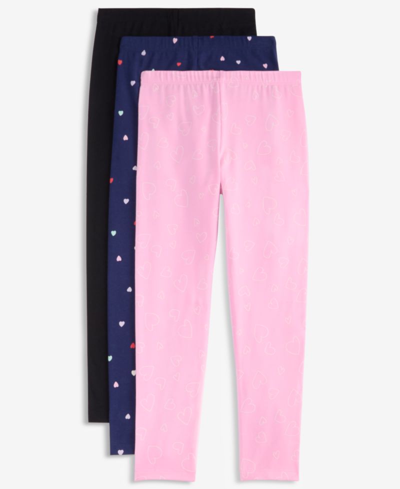 Girls' XS-XL Solid and Heart-Print Leggings, 3-Pack