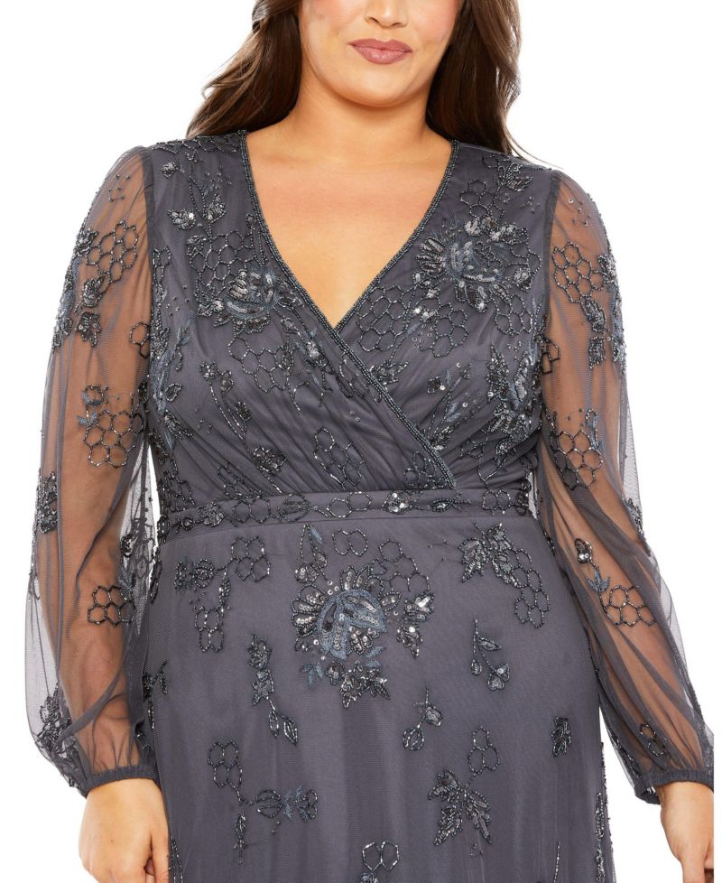 Women's Puff Sleeve V-Neck Tiered Embellished Gown