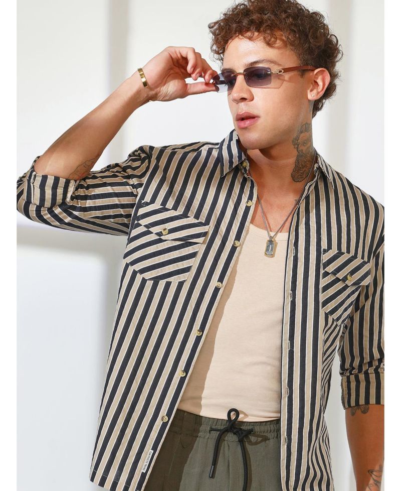 Men's Navy Blue & Khaki Beige Candy Striped Oversized Shirt