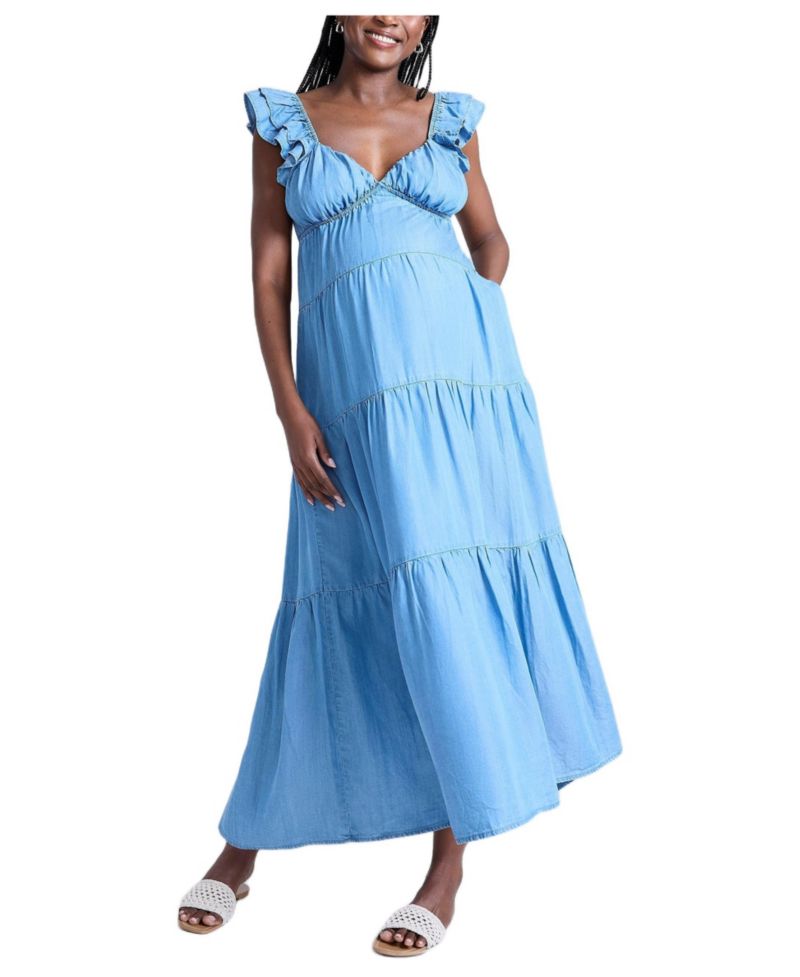 Women's Motherhood Ruffle Sleeve Tie-Back Maxi Dress
