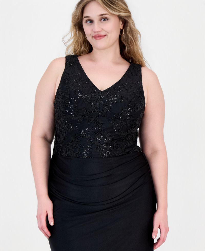 Plus Size Sleeveless V-Neck Sequin Gown