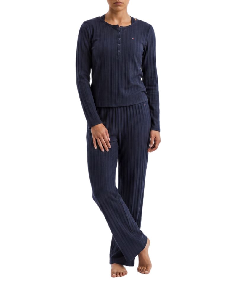 Women's Long-Sleeve Wide-Leg Cable-Jacquard Henley Top and Pant, 2-Piece Pajama Set