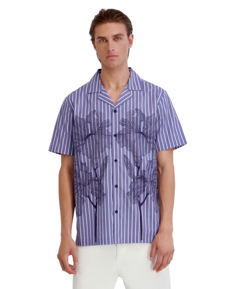 Men's Printed Floral Stripe Camp Collar Shirt