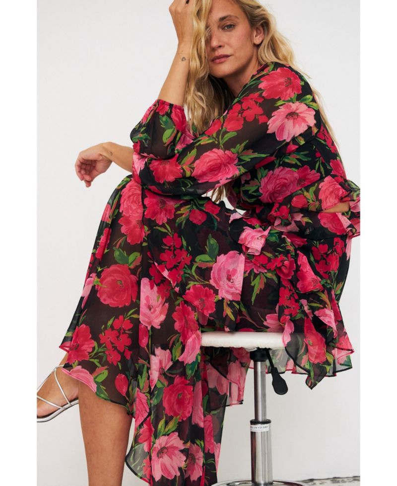 Women's Love Floral Long-Sleeve Tiered Maxi Dress