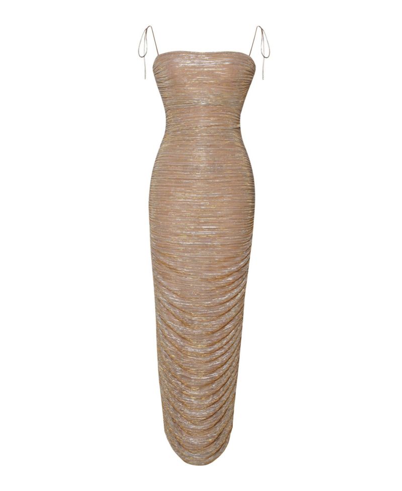 Women The Glint Gold Ruched Chiffon Long Maxi Dress