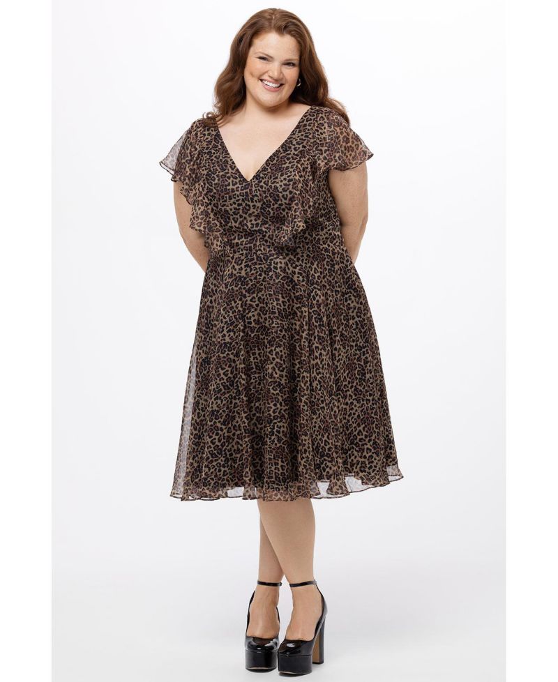 Women's V-Neck Flutter Sleeve Animal Print Dress