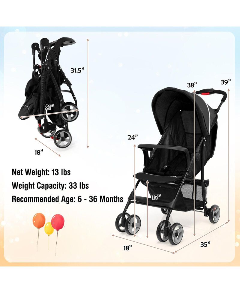 Toddler Travel Stroller for Airplane with Adjustable Backrest and Canopy