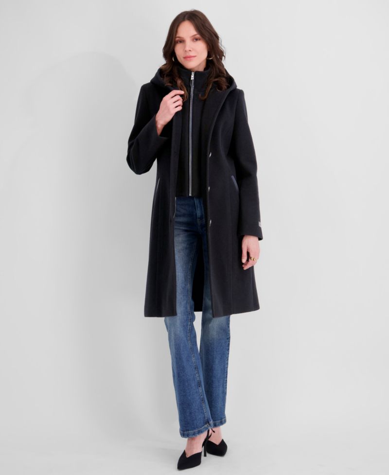 Women's Bibbed Faux-Leather Trimmed Hooded Coat
