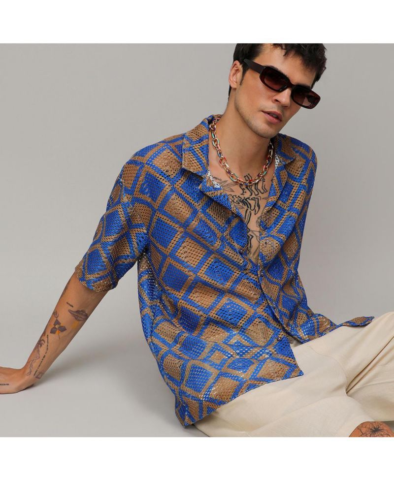 Men's Royal Blue & Mocha Brown Geometric Block Oversized Shirt