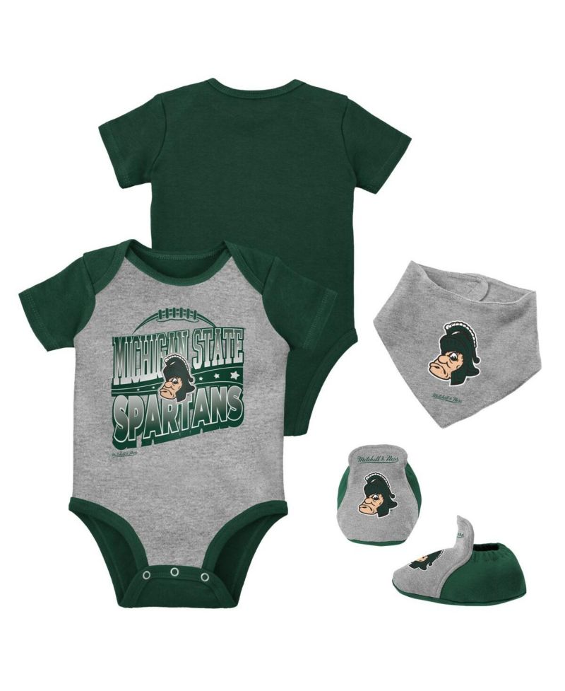 Baby Boys and Girls Green/Heather Gray Michigan State Spartans 3-Pack Bodysuit, Bib and Bootie Set