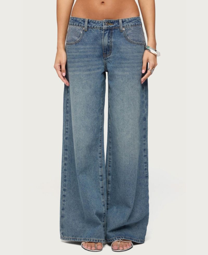 Women's Low-Rise Wide-Leg Rhinestone Jeans, 32" Inseam
