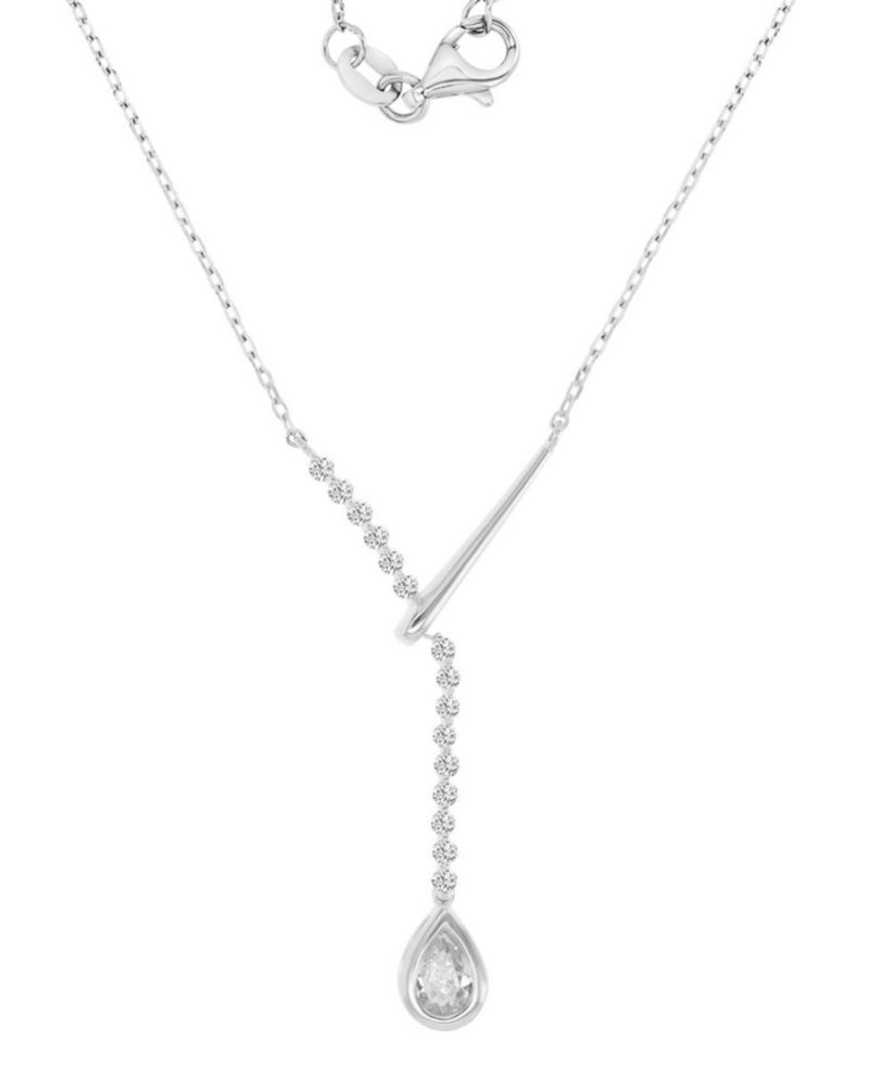 Rhodium Over Sterling Silver Cubic Zirconia Pear Y Necklace