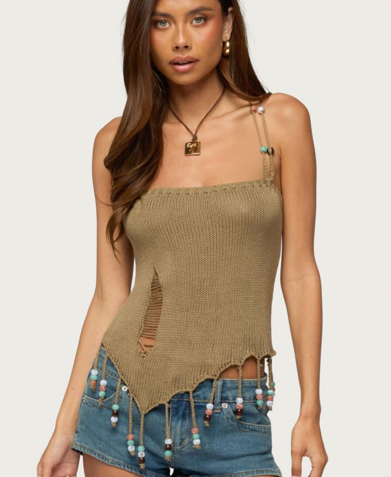 Women's Fernie Square Neck Bead-Fringe Tank Top
