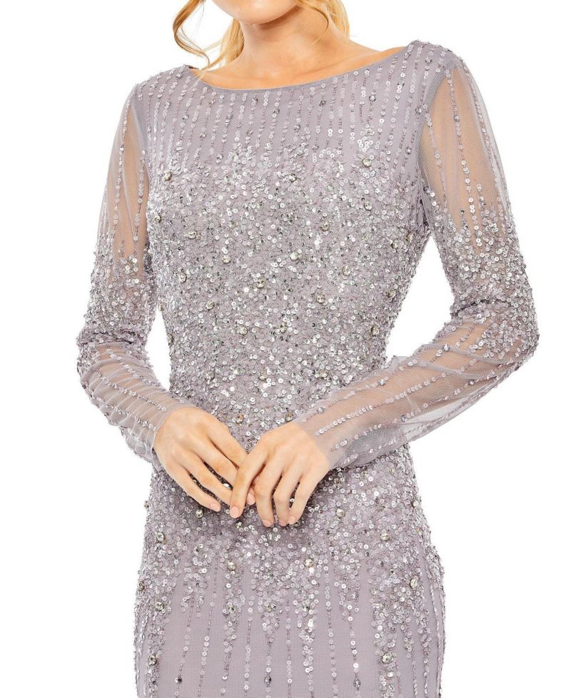 Women's High Neck Sequin Embellished Long Sleeve A Line Gown