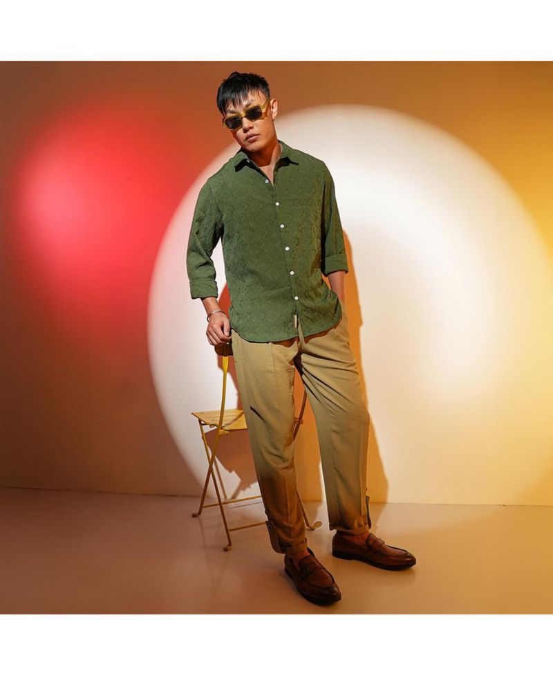 Men's Forest Green Floral-Textured Shirt