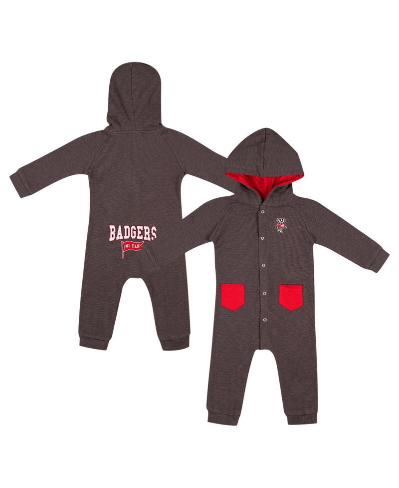 Baby Boys and Girls Charcoal Wisconsin Badgers Zando-Zan Waffle Full-Snap Hooded Romper