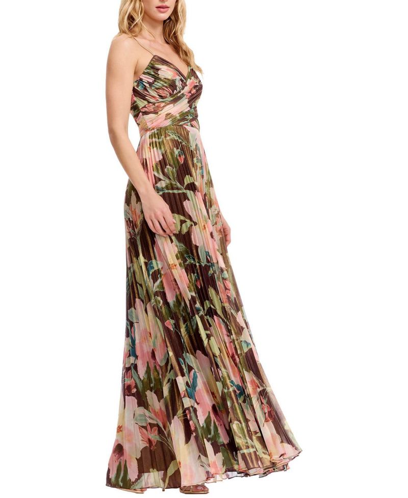 Women's Floral Pleated V-Neck Gown