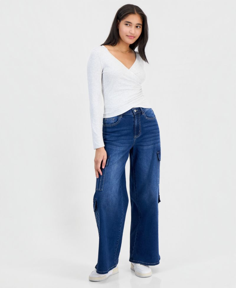 Juniors' Long-Sleeve V-Neck Wrap Top
