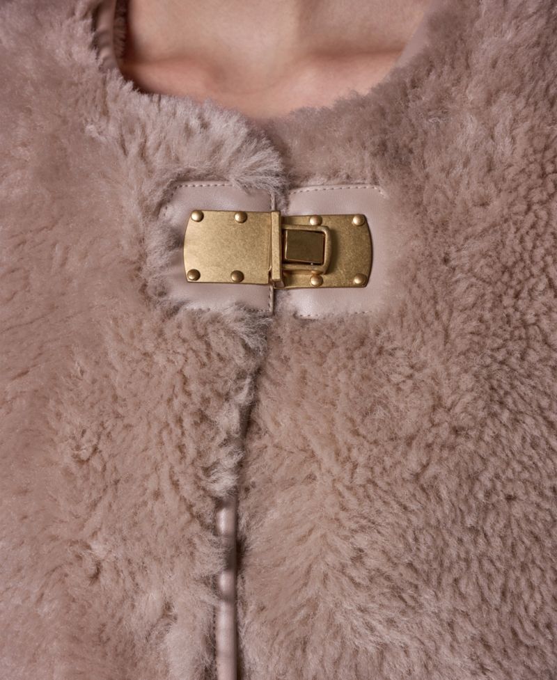 Women's Collarless Buckled Leather Coat